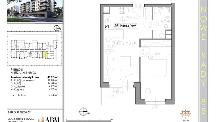 Rzut - Mieszkanie na sprzedaż 2 pokoje o powierzchni 43,17 m² - numer 26 w Nowe Sady 85