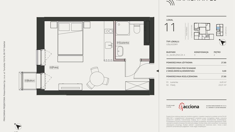 Rzut - Mieszkanie na sprzedaż 1 pokój o powierzchni 27,8 m² - numer 4.11 w Kamienna 28 - apartamenty inwestycyjne