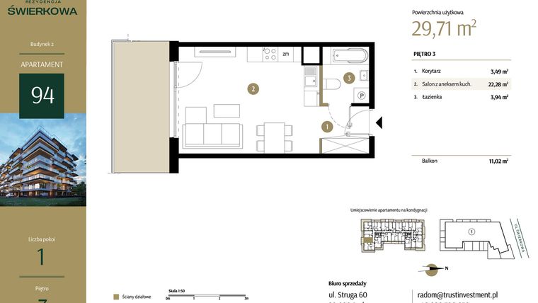 Rzut - Mieszkanie na sprzedaż 1 pokój o powierzchni 29,71 m² - numer M.94 w Rezydencja Świerkowa - etap II