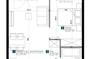 Rzut - Mieszkanie na sprzedaż 2 pokoje o powierzchni 40 m² - numer AA0212 w M Bemowo 3
