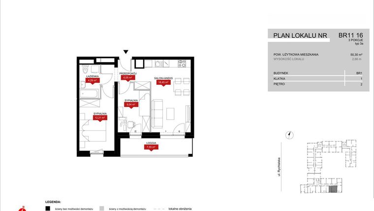 Rzut - Mieszkanie na sprzedaż 3 pokoje o powierzchni 50,04 m² - numer BR11/16 w Browary Wrocławskie 2