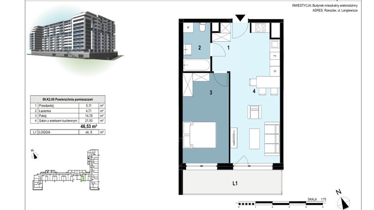 Rzut - Mieszkanie na sprzedaż 2 pokoje o powierzchni 46,57 m² - numer 09.K2.09 w Langiewicza 37