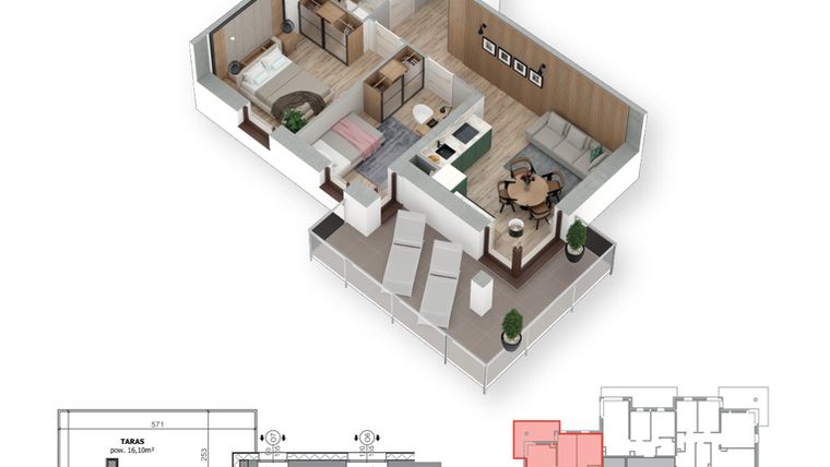 Rzut - Mieszkanie na sprzedaż 3 pokoje o powierzchni 48,51 m² - numer 16 w Villa Park - Etap III