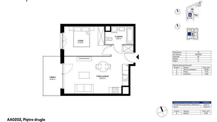 Rzut - Mieszkanie na sprzedaż 2 pokoje o powierzchni 40,68 m² - numer AA0202 w NU3 Warszawa Wola