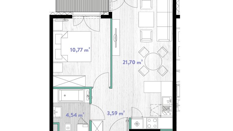 Rzut - Mieszkanie na sprzedaż 2 pokoje o powierzchni 40,65 m² - numer A.01.09 w Do Wilgi