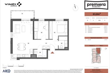 Rzut - Mieszkanie na sprzedaż 3 pokoje o powierzchni 63,8 m² - numer B.10 w Premiera Bemowo