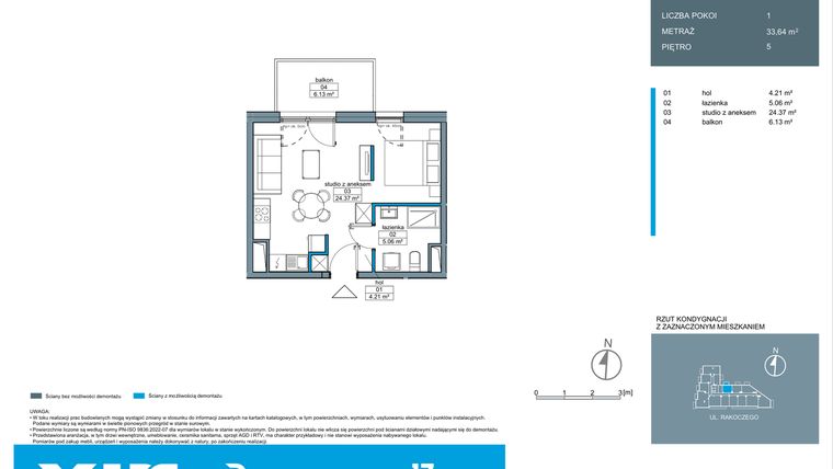 Rzut - Mieszkanie na sprzedaż 1 pokój o powierzchni 33,61 m² - numer A.5.1 w Rakoczego 17