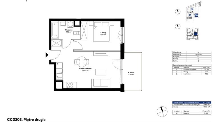 Rzut - Mieszkanie na sprzedaż 2 pokoje o powierzchni 40,78 m² - numer CC0202 w NU3 Warszawa Wola