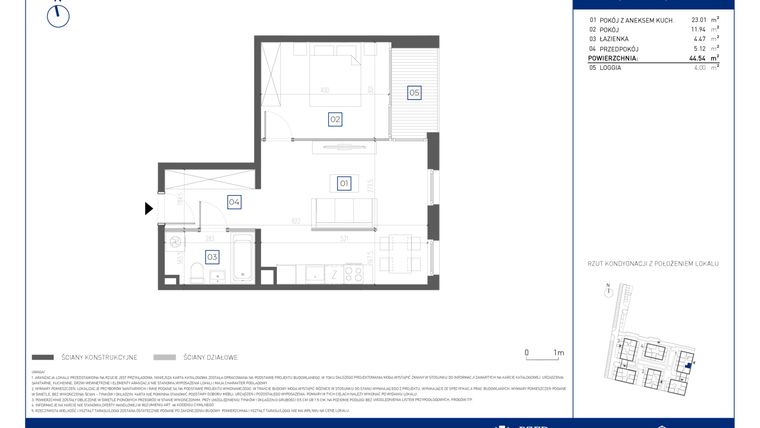 Rzut - Mieszkanie na sprzedaż 2 pokoje o powierzchni 44,54 m² - numer 1.0.1 w Atria Nowe Żerniki