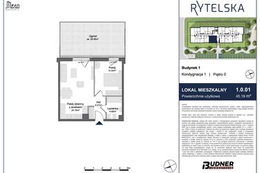 Rzut - Mieszkanie na sprzedaż 2 pokoje o powierzchni 45,19 m² - numer 1.0.01 w Rytelska