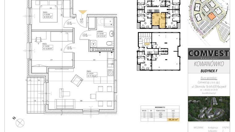 Rzut - Mieszkanie na sprzedaż 3 pokoje o powierzchni 58,29 m² - numer F13 w Kowanówko