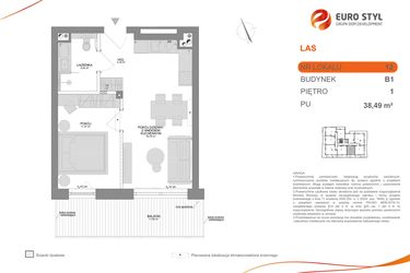 Rzut - Mieszkanie na sprzedaż 2 pokoje o powierzchni 38,49 m² - numer B1 12 w Las