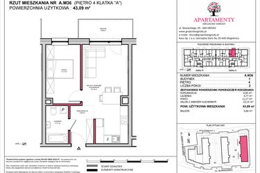 Rzut - Mieszkanie na sprzedaż 2 pokoje o powierzchni 43,09 m² - numer A.36 w Apartamenty Grójeckie Ogrody