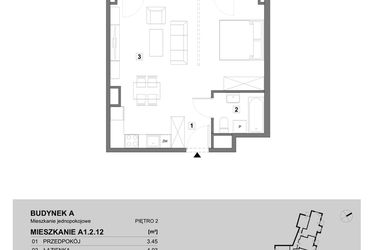 Rzut - Mieszkanie na sprzedaż 1 pokój o powierzchni 43,39 m² - numer A1.2.12 w ATAL Grabiszyn