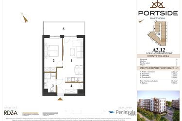 Rzut - Mieszkanie na sprzedaż 2 pokoje o powierzchni 39,48 m² - numer A2.12 w Portside Bałtycka