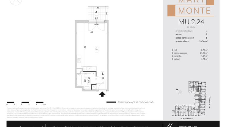 Rzut - Mieszkanie na sprzedaż 1 pokój o powierzchni 33,5 m² - numer MU.2.24 w Marimonte - apartamenty inwestycyjne