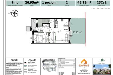 Rzut - Mieszkanie na sprzedaż 2 pokoje o powierzchni 45,13 m² - numer 25C/1 w Zielone Alejki etap II