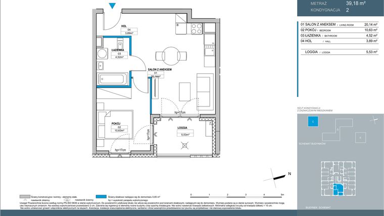 Rzut - Mieszkanie na sprzedaż 2 pokoje o powierzchni 39,22 m² - numer C.2.05 w Nordic Bemowo - etap IV