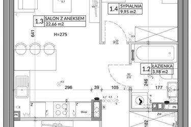 Rzut - Mieszkanie na sprzedaż 3 pokoje o powierzchni 56,89 m² - numer 80B w Osiedle Młodych etap VII