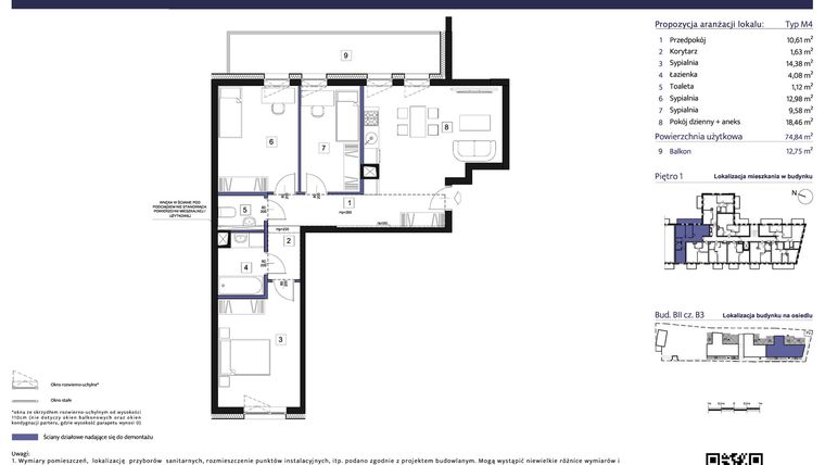 Rzut - Mieszkanie na sprzedaż 4 pokoje o powierzchni 74,94 m² - numer B3 – M1.7 w Primacasa