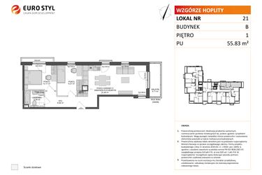 Rzut - Mieszkanie na sprzedaż 3 pokoje o powierzchni 55,83 m² - numer B.21 w Wzgórze Hoplity etap II