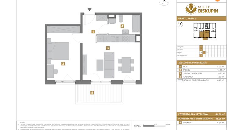 Rzut - Mieszkanie na sprzedaż 2 pokoje o powierzchni 45,06 m² - numer K.5 w Wille Biskupin II