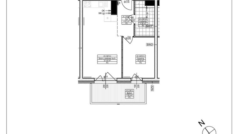 Rzut - Mieszkanie na sprzedaż 2 pokoje o powierzchni 40,9 m² - numer A1.13 w Osiedle Zielone bud. A1, B8