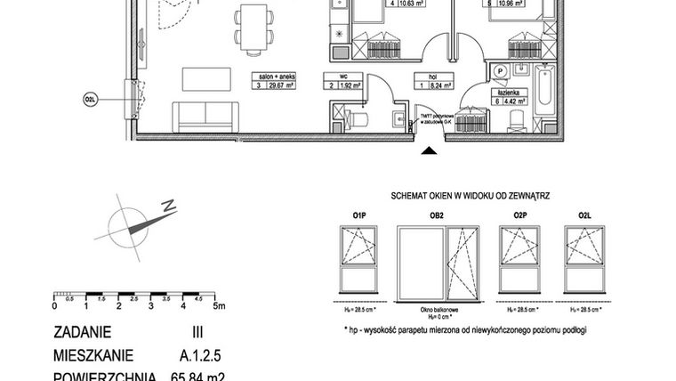 Rzut - Mieszkanie na sprzedaż 3 pokoje o powierzchni 65,69 m² - numer A.1.2.5 w Atut III