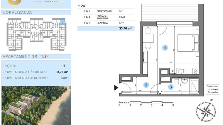 Rzut - Mieszkanie na sprzedaż 1 pokój o powierzchni 33,76 m² - numer 1.24 w Ustronie Luxury Apartments