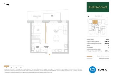 Rzut - Mieszkanie na sprzedaż 2 pokoje o powierzchni 44,39 m² - numer D.0.07 w Ananasowa