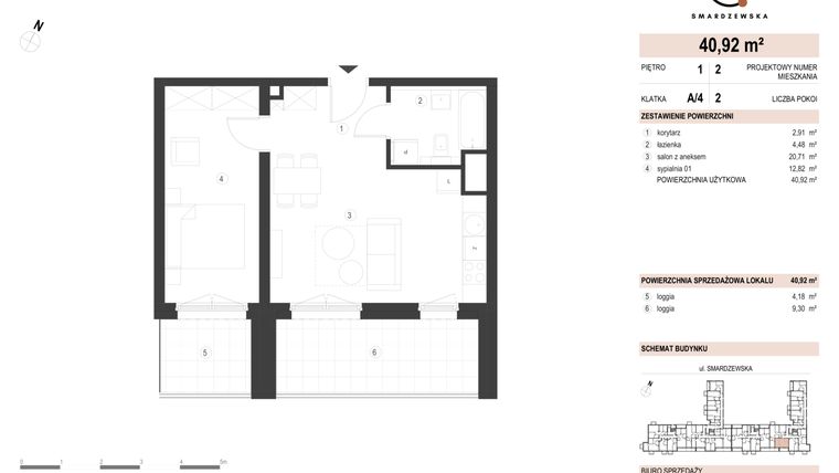 Rzut - Mieszkanie na sprzedaż 2 pokoje o powierzchni 40,92 m² - numer A/4/1.2 w Smardzewska 8