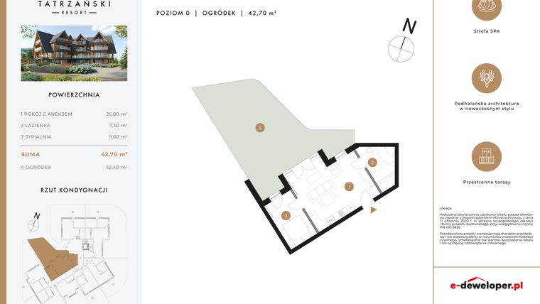 Rzut - Mieszkanie na sprzedaż 2 pokoje o powierzchni 42,7 m² - numer A08 w Tatrzański Resort