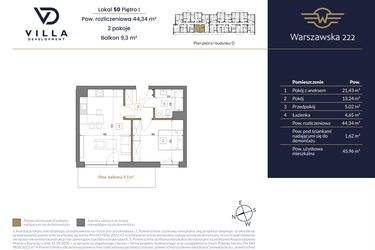 Rzut - Mieszkanie na sprzedaż 2 pokoje o powierzchni 44,34 m² - numer 50 w Warszawska 222 bud. D