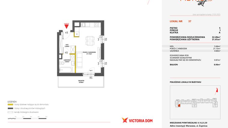 Rzut - Mieszkanie na sprzedaż 1 pokój o powierzchni 32,28 m² - numer 37 w Metro Art 13