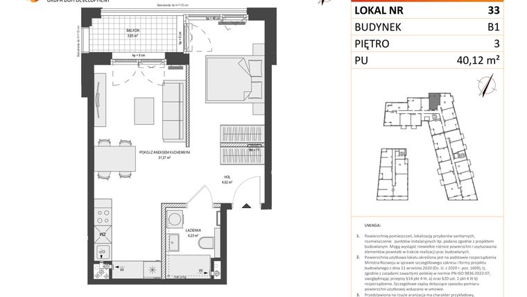 Rzut - Mieszkanie na sprzedaż 1 pokój o powierzchni 40,12 m² - numer B1.33 w Zajezdnia Motława
