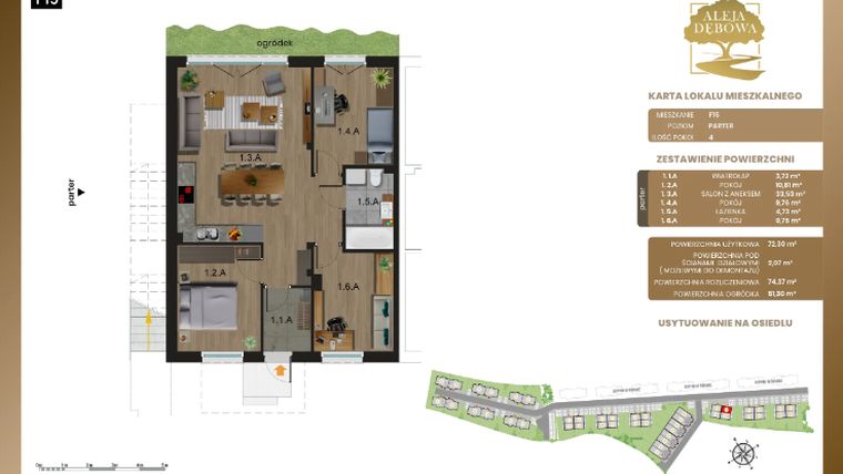 Rzut - Mieszkanie na sprzedaż 4 pokoje o powierzchni 74,37 m² - numer F15 w Aleja Dębowa III - mieszkania