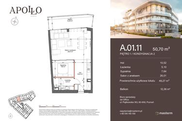 Rzut - Mieszkanie na sprzedaż 2 pokoje o powierzchni 50,7 m² - numer A.1.11 w Apollo Residence