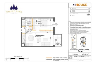 Rzut - Mieszkanie na sprzedaż 2 pokoje o powierzchni 43,58 m² - numer B.14 w Forest Park Kajetany