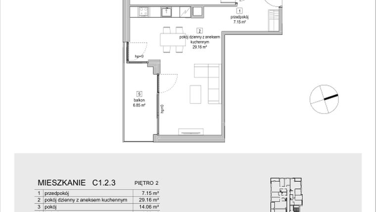 Rzut - Mieszkanie na sprzedaż 2 pokoje o powierzchni 55,05 m² - numer C1.2.3 w ATAL Symbioza IB