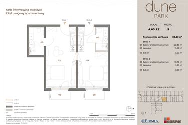 Rzut - Mieszkanie na sprzedaż 2 pokoje o powierzchni 50,63 m² - numer A 03.12 w DUNE Park