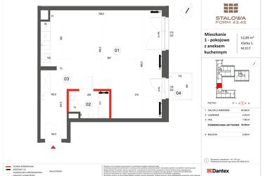 Rzut - Mieszkanie na sprzedaż 1 pokój o powierzchni 52,91 m² - numer 17 w Stalowa Form 43.45