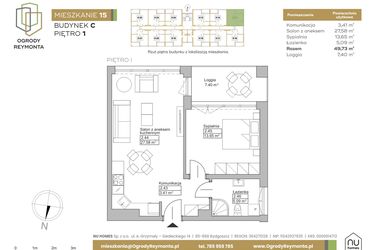 Rzut - Mieszkanie na sprzedaż 2 pokoje o powierzchni 49,72 m² - numer M15 w Ogrody Reymonta