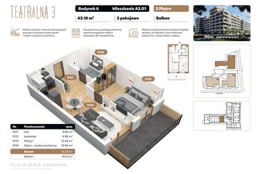 Rzut - Mieszkanie na sprzedaż 2 pokoje o powierzchni 42,18 m² - numer A 2.01 w Teatralna 3 - etap II