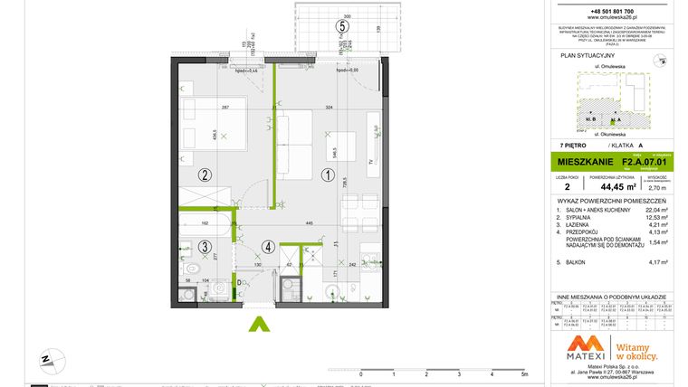 Rzut - Mieszkanie na sprzedaż 2 pokoje o powierzchni 44,45 m² - numer F2.A.07.01 w Omulewska