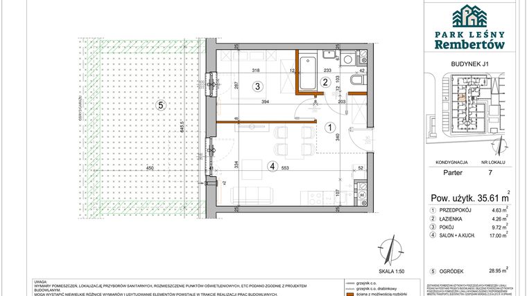 Rzut - Mieszkanie na sprzedaż 2 pokoje o powierzchni 35,61 m² - numer J1-7 w Park Leśny Rembertów etap VIII