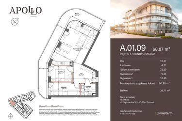Rzut - Mieszkanie na sprzedaż 3 pokoje o powierzchni 66,98 m² - numer A.1.09 w Apollo Residence