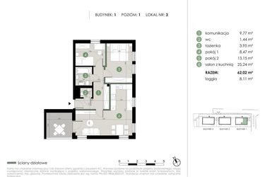 Rzut - Mieszkanie na sprzedaż 3 pokoje o powierzchni 62,02 m² - numer 1.3. w Osiedle Kwiatowa