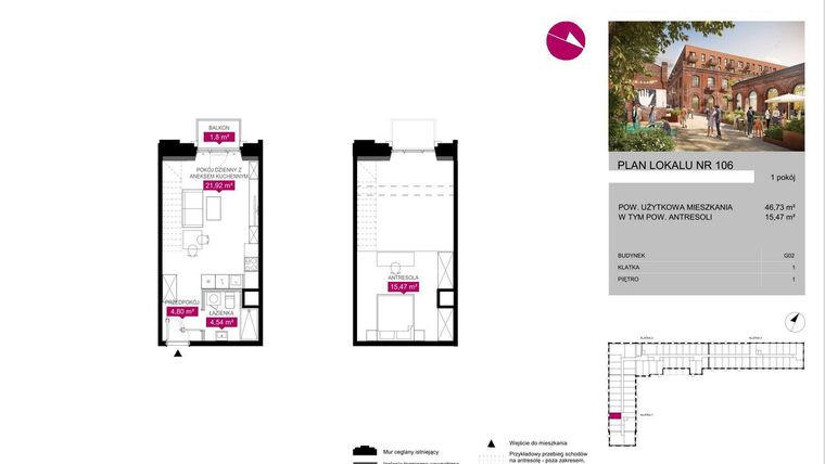 Rzut - Mieszkanie na sprzedaż 1 pokój o powierzchni 46,73 m² - numer G2.106 w Fuzja Lofty