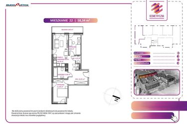 Rzut - Mieszkanie na sprzedaż 3 pokoje o powierzchni 58,34 m² - numer 22B w Geometryczna 5 - etap 3