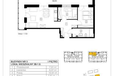 Rzut - Mieszkanie na sprzedaż 3 pokoje o powierzchni 54,69 m² - numer 3B-1.8 w Gardenia Pogodno